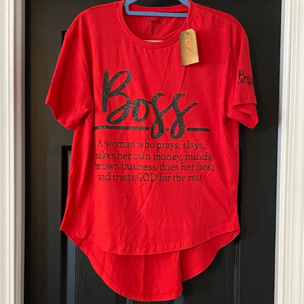 NWT woman’s on fire xl Red Graphic Tee with Boss Print